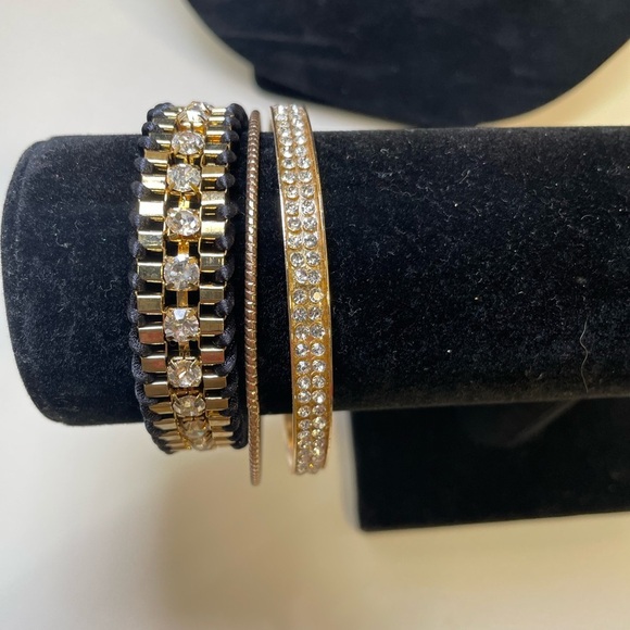 Three Gold Tone and Black Stacking Bracelet Set - Picture 1 of 6